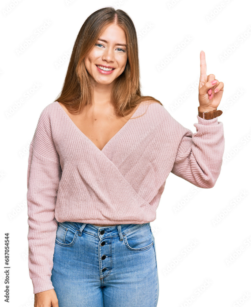 Beautiful blonde woman wearing casual winter pink sweater pointing finger up with successful idea. exited and happy. number one. Beautiful blonde woman wearing casual winter pink sweater pointing finger up with successful idea. exited and happy. number one.