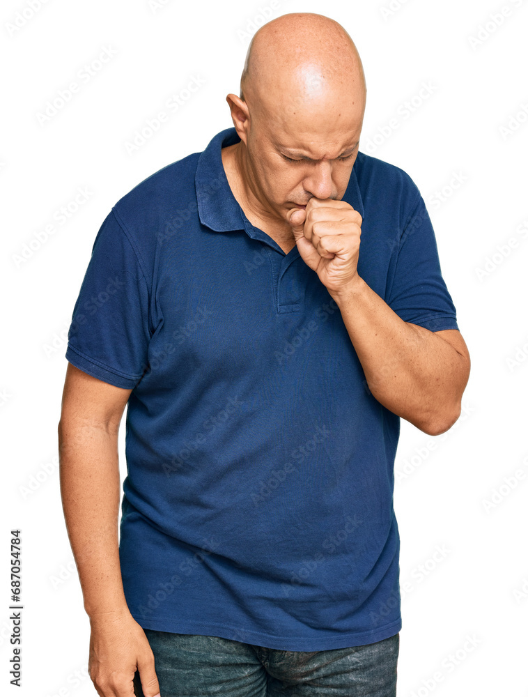 Middle age bald man wearing casual clothes feeling unwell and coughing as symptom for cold or bronchitis. health care concept.