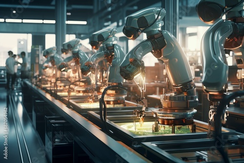 Photo of a futuristic robotic arm working in an assembly line. Generative AI