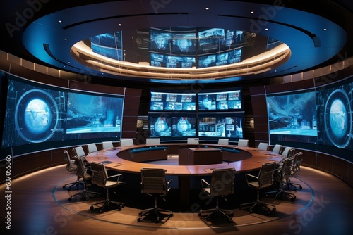 Photo of a modern conference room with interactive digital screens. Generative AI © Aditya