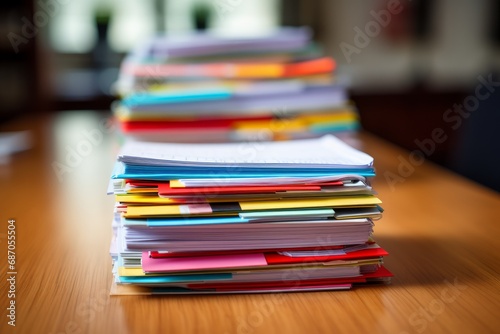 Photo of a stack of colorful business documents and contracts. Generative AI