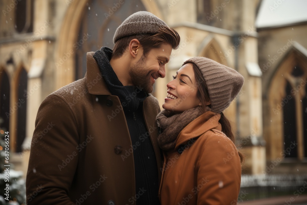 Romantic Winter Scene with Couple in Front of Gothic Church