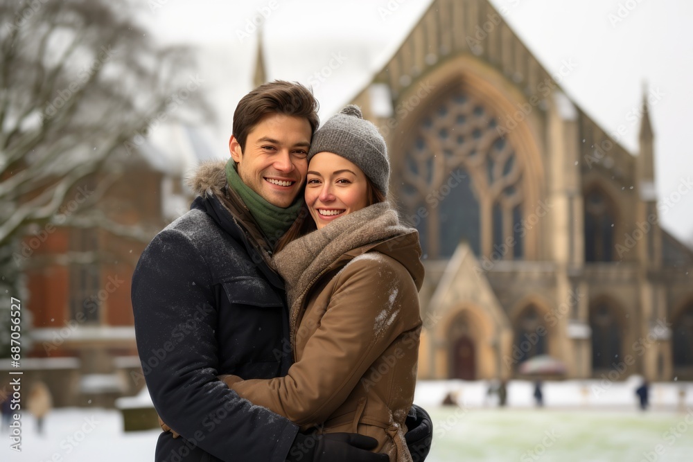 Romantic Winter Scene with Church Background