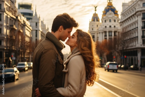 Romantic Couple Kissing on Busy City Street at Sunset