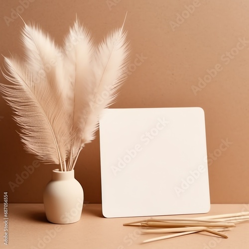 a vase with feathers in it next to a white square
