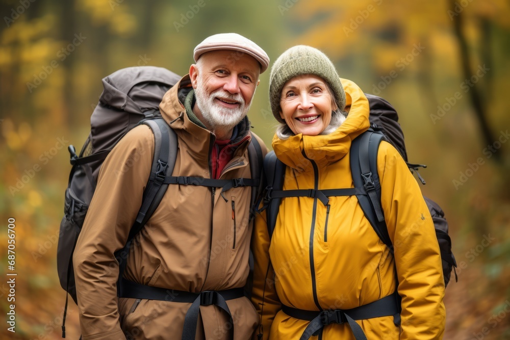 Couple Hiking on Scenic Trail in Autumn Forest Couple Hiking on Scenic Trail in Autumn Forest