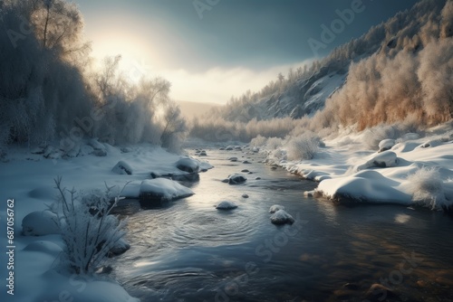 Winter Wonderland: Snowy River Flowing Through Frosty Mountains