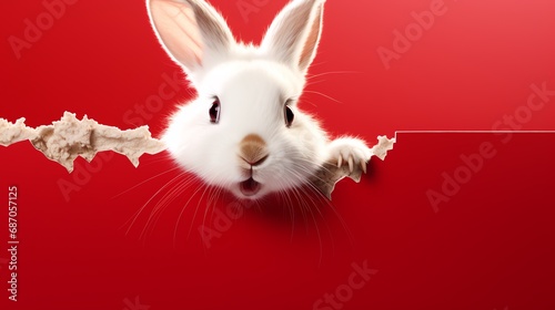 a rabbit peeking through a hole in a red background