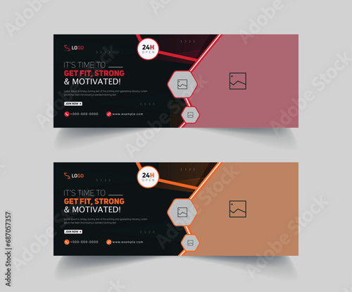 Fitness gym workout center promotion social media banner. Creative business marketing web banner. Body and health cover design with geometric shape. Sports social media post banner.