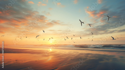 A beach that has some birds flying © UsamaR