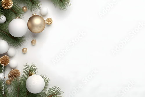 Realistic 3d rendering, Top view of Pine branch Christmas White background with Christmas balls and presents decoration.