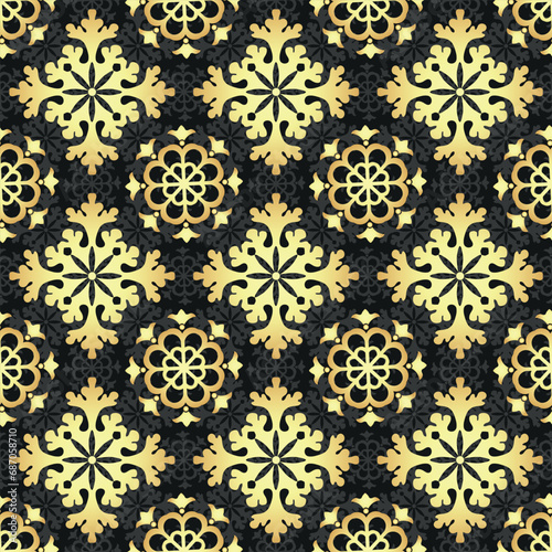 Vector hand drawn geometric Christmas seamless pattern with glitter golden snowflakes on dark background