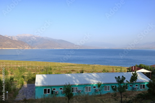 Aerial view of Toktogul water reservoir in Kyrgyzstan, central asia, Tien Shan