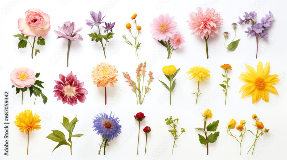 Set of different colorful flowers isolated on white background, top view.generative ai