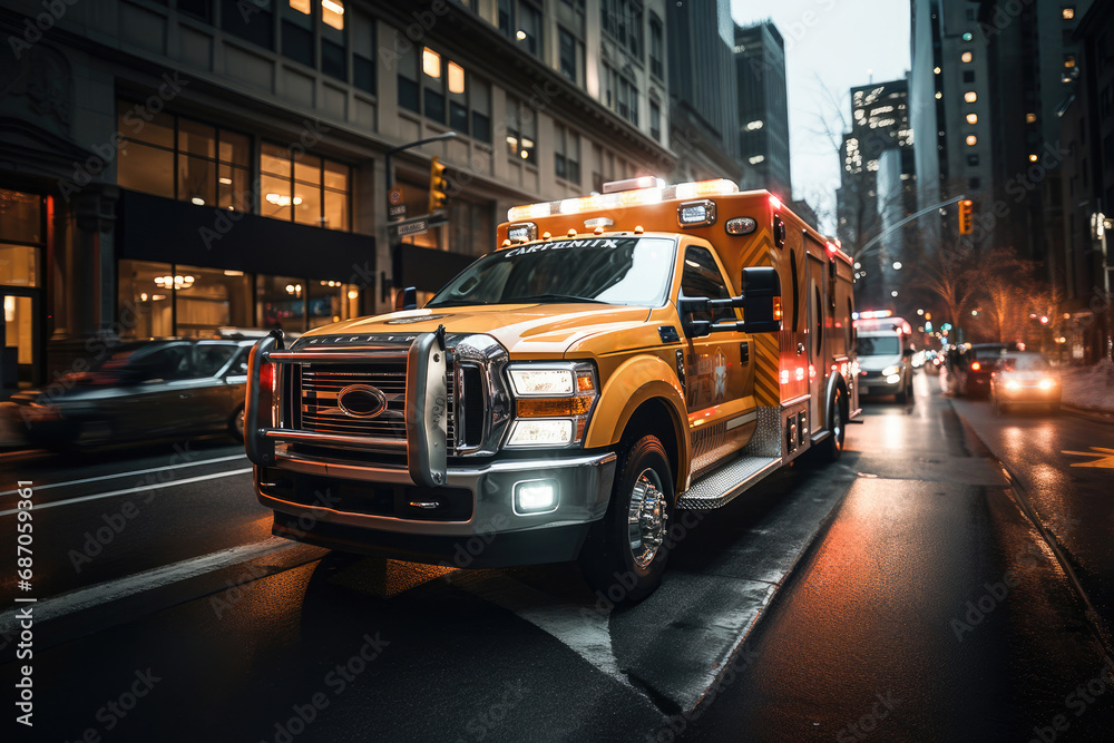Fototapeta premium An ambulance with emergency lights driving through city streets at dusk, representing urgent medical assistance.