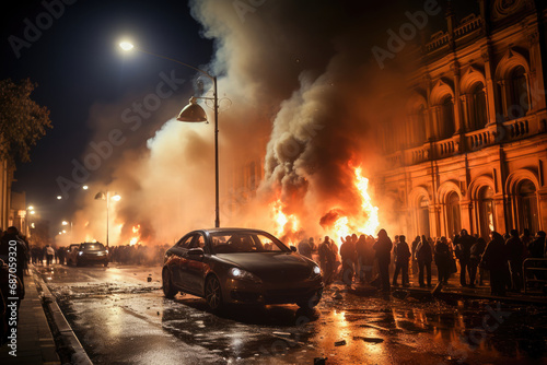 A dramatic scene of a car on fire during a riot at night, with a crowd of people and emergency response in a city street. photo