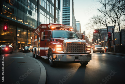 Fotomurale A red firetruck with emergency lights responding to a call at dusk in a busy urban street setting