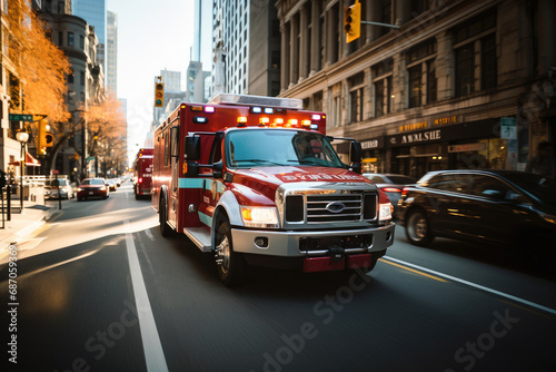 Red emergency ambulance rushing through a city street with lights flashing on a sunny day, depicting urgency and fast response. photo