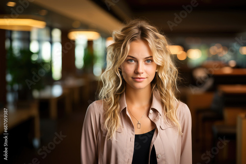 Portrait of a smiling young woman with blonde hair, looking confident and relaxed in a casual restaurant setting. © apratim