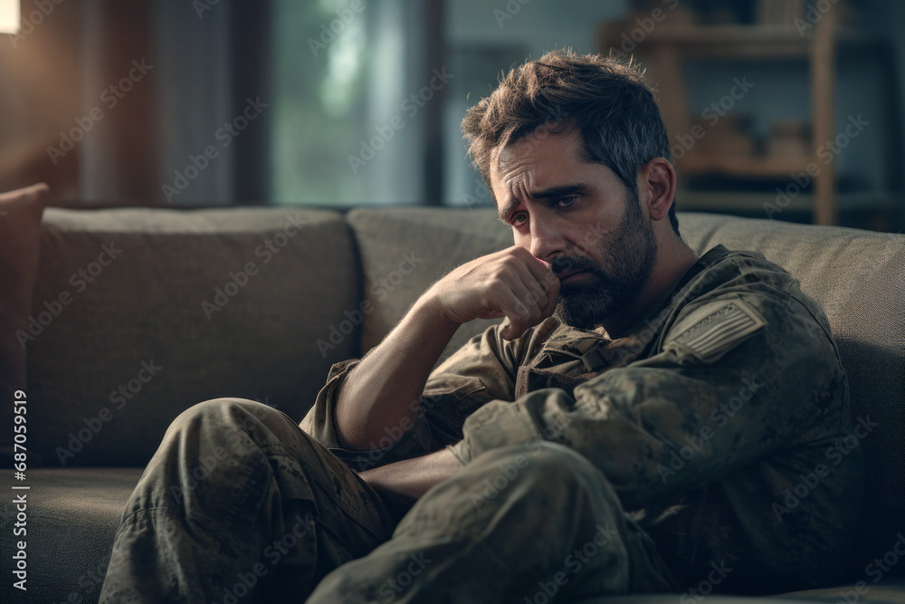 Portrait of a sad, desperate, maturing military man, pensive. A disabled soldier who shows signs of trauma. The concept of post-traumatic stress disorder. Horizontal shot.generative ai Portrait of a sad, desperate, maturing military man, pensive. A disabled soldier who shows signs of trauma. The concept of post-traumatic stress disorder. Horizontal shot.generative ai