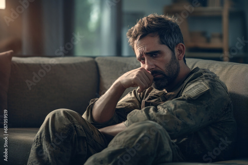 Portrait of a sad, desperate, maturing military man, pensive. A disabled soldier who shows signs of trauma. The concept of post-traumatic stress disorder. Horizontal shot.generative ai photo