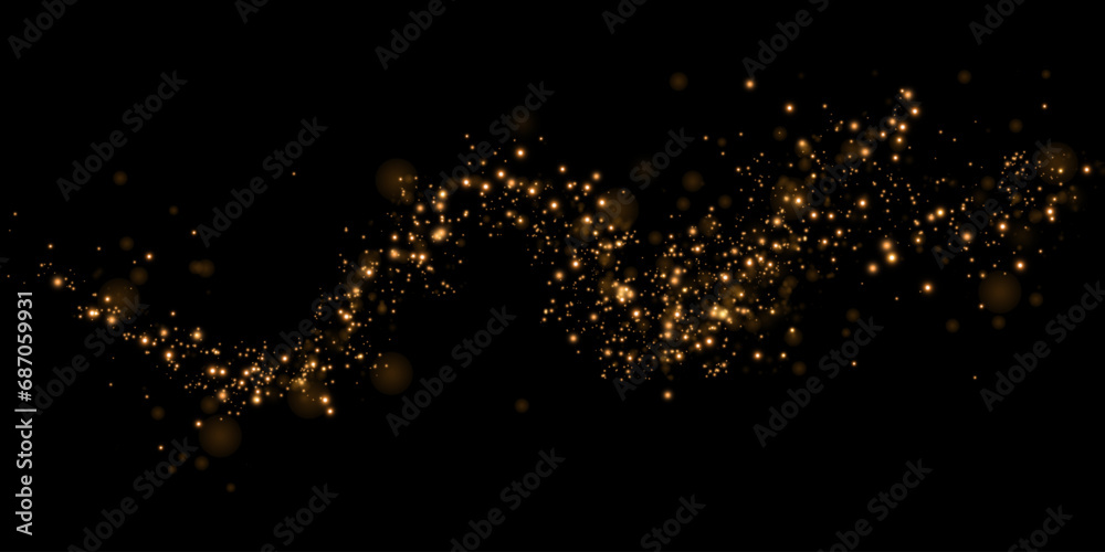 Dust sparks and golden stars shine with special light. Vector sparks on black background. Christmas light effect. Sparkling magic dust particles.	