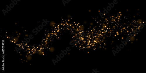 Dust sparks and golden stars shine with special light. Vector sparks on black background. Christmas light effect. Sparkling magic dust particles.	