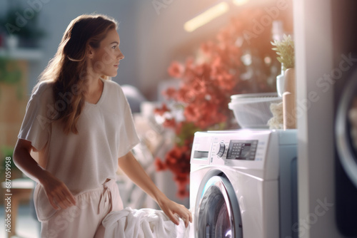 Young woman taking laundry out of washing machine at home.generative ai