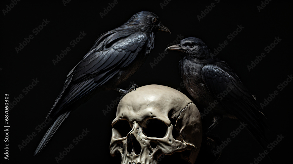 Fototapeta premium A black bird sitting on top of a skull