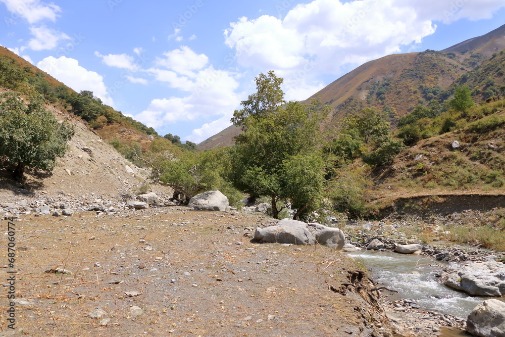 landscape at the river Urumbash near the Kaldaman pass between Arslanbob and Kazarman in Kyrgyzstan, Central Asia landscape at the river Urumbash near the Kaldaman pass between Arslanbob and Kazarman in Kyrgyzstan, Central Asia