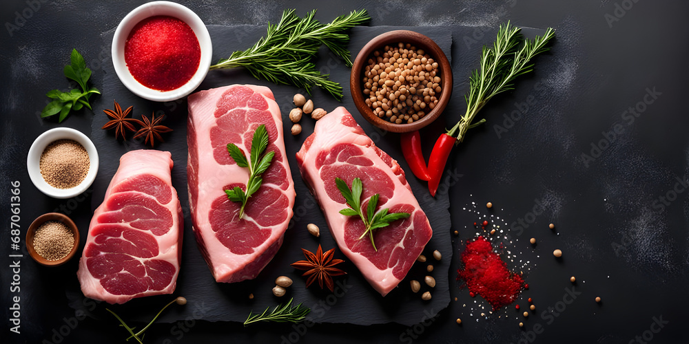 Raw meat with spices, herbs on dark background. Raw meat with spices, herbs on dark background.