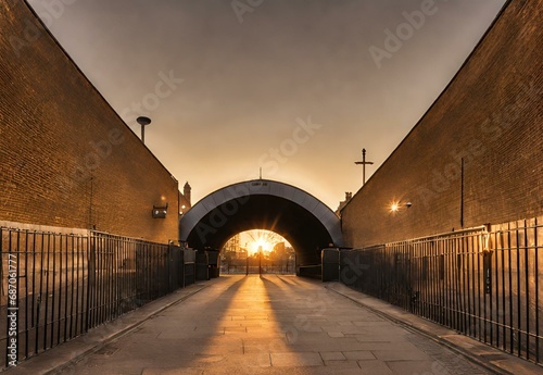 Golden Hour Gateway: Greenwich Foot Tunnel under Sunset Radiance