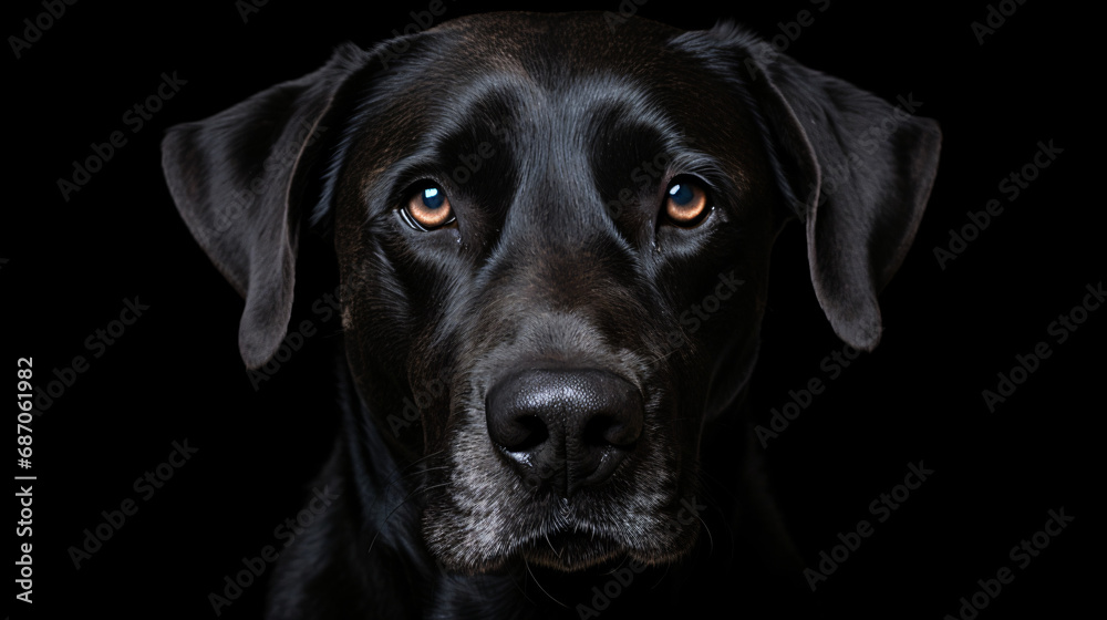 A black dog with a black background