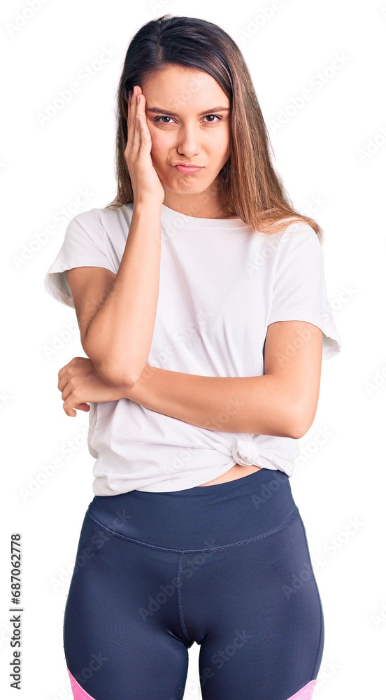 Young beautiful girl wearing casual t shirt thinking looking tired and bored with depression problems with crossed arms. Young beautiful girl wearing casual t shirt thinking looking tired and bored with depression problems with crossed arms.