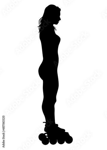 Silhouette of boy and girl on roller skates on white background