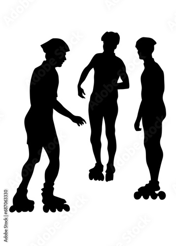 Silhouette of boy and girl on roller skates on white background
