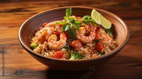 A bowl of rice with shrimp and vegetables