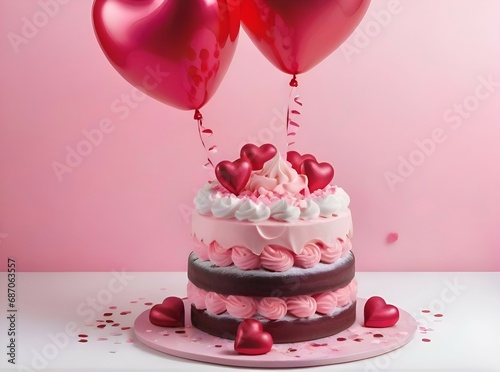 Heart-shaped whipped cream cake for Valentine s Day celebration  pink background  heart-shaped balloons and confetti. Generative AI