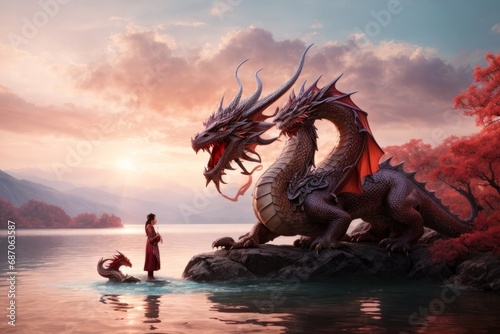 A woman stands in front of a large dragon in a fantastic lake. 2024. © liliyabatyrova