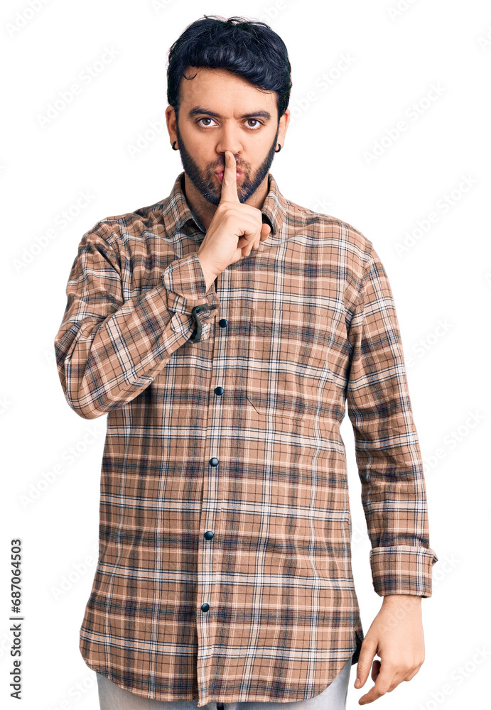 Young hispanic man wearing casual clothes asking to be quiet with finger on lips. silence and secret concept. Young hispanic man wearing casual clothes asking to be quiet with finger on lips. silence and secret concept.