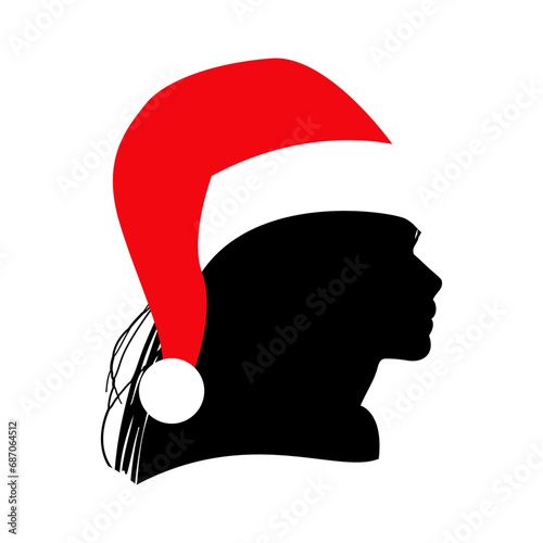 Tiempo de Navidad. Logo con silueta de perfil de cabeza de chica joven con sombrero de Santa Claus en espacio negativo para su uso en tarjetas y felicitaciones