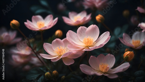 Intricately blossoming flower-like forms emitting soft luminescent glows against a dark backdrop, offering a delicate and harmonious visual portrayal.