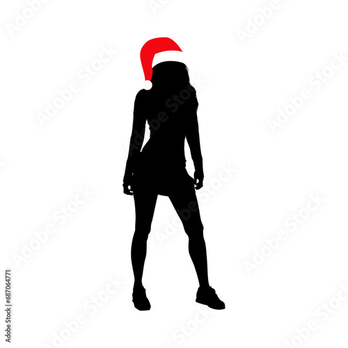 Tiempo de Navidad. Logo con silueta de joven chica sexy de pie con minifalda y sombrero de Santa Claus en espacio negativo para su uso en tarjetas y felicitaciones