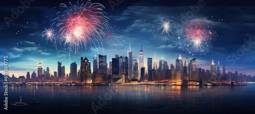  A breathtaking panorama of Vibrant Fireworks. Generativ AI. photo