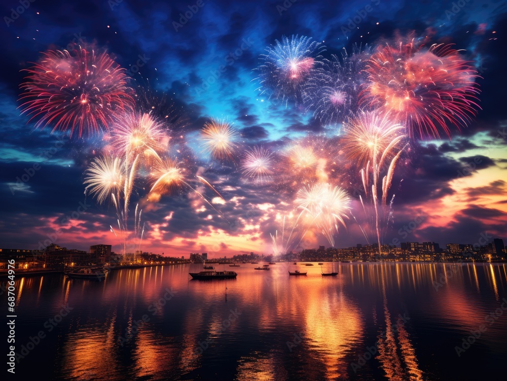  A breathtaking panorama of Vibrant Fireworks. Generativ AI.