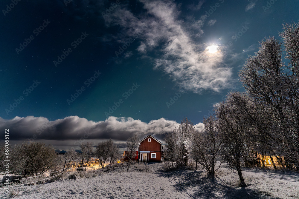 red house of norwegian scandinavian farm during winter night under the bright moon and northern lights