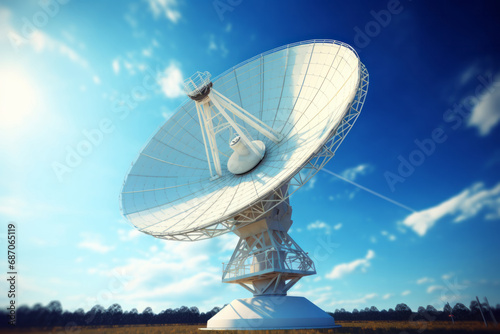 A large white satellite dish pointed at the sky.generative ai