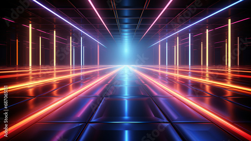 Vibrant 3D render showcasing an abstract neon background with glowing lines in an empty room.