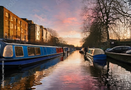 Morning Mosaic: Regent's Canal Awakening to Sunrise Hues photo