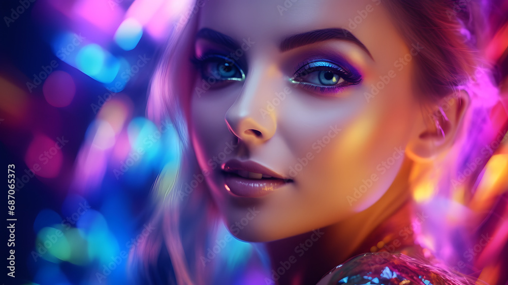 Beautiful girl with trendy make-up in colorful bright lights. generative ai.